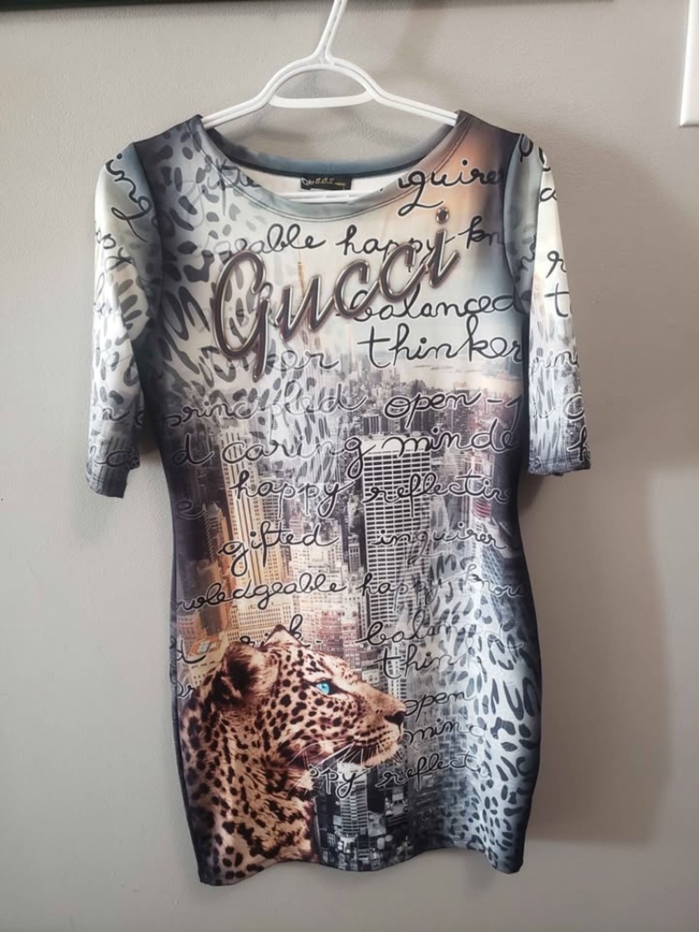 Graphic Cityscape & Leopard Print Bodycon Dress – 3/4 Sleeves